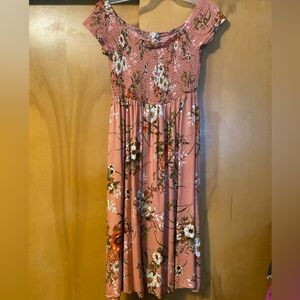 Floral, flowy, off shoulder pink dress.